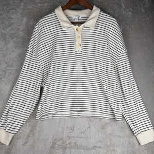 Rusty Womens Striped Long Sleeve Polo Shirt Cream Black Ribbed Knit Size M